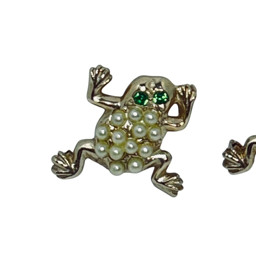 Vintage Gold Tone & Faux Pearl Frog Pins With Green Rhinestone Eyes (5645) - Picture 2 of 6